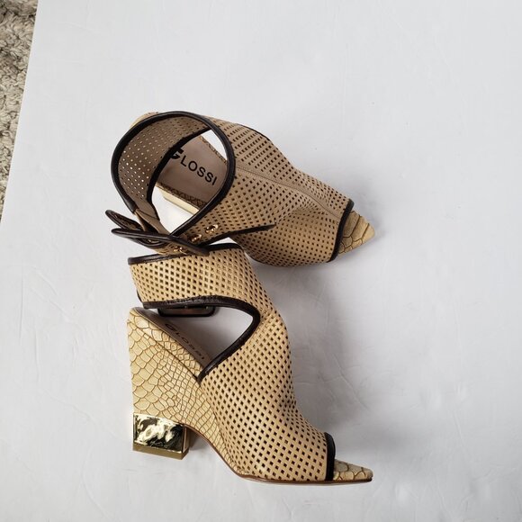 Glossi Perforated Leather Ankle Buckle Wedge Peep Toe Sandals - Picture 2 of 10